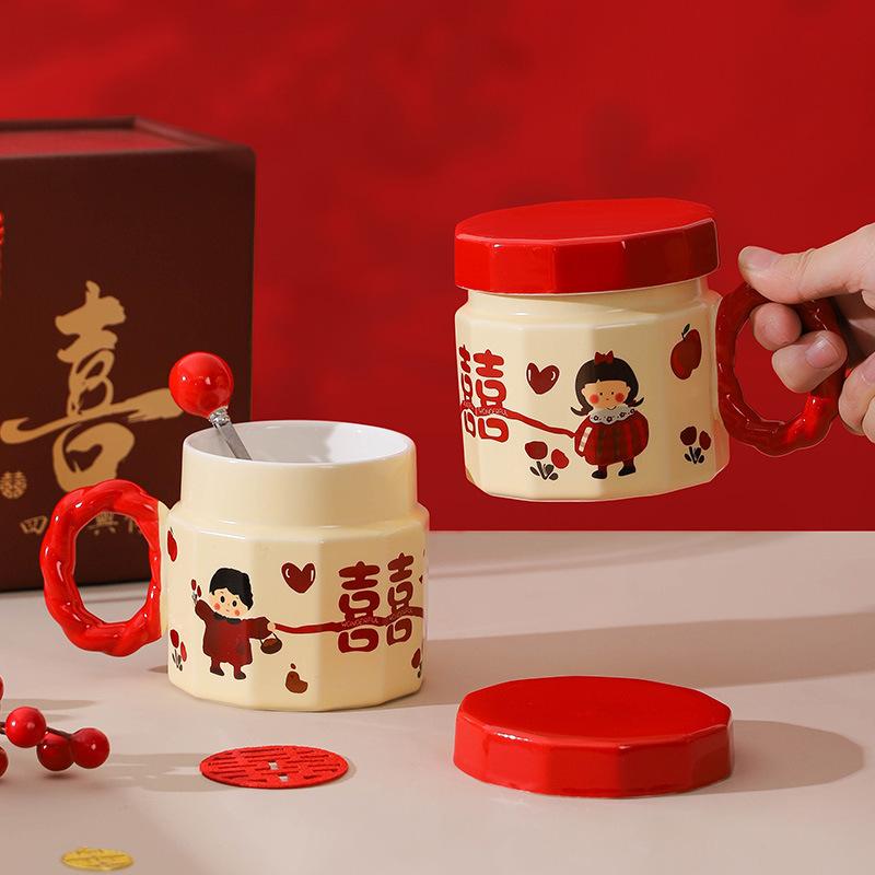 Ceramic mug souvenir, women's cup with lid, wedding gift for newlyweds, a pair of festive water cups for couples