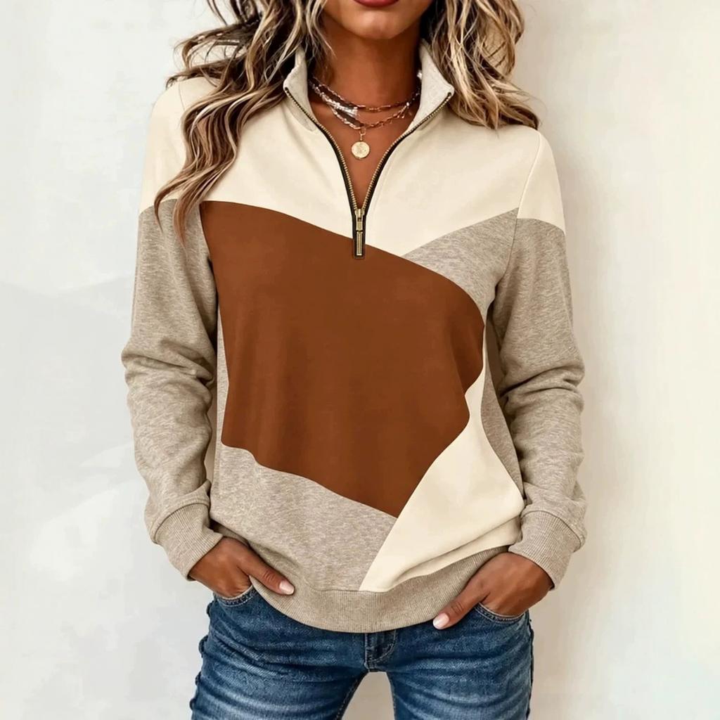 Women's Half-Zip Color Block Sweatshirt, Stand Collar Long Sleeve Geometric Pullover for Casual Wear