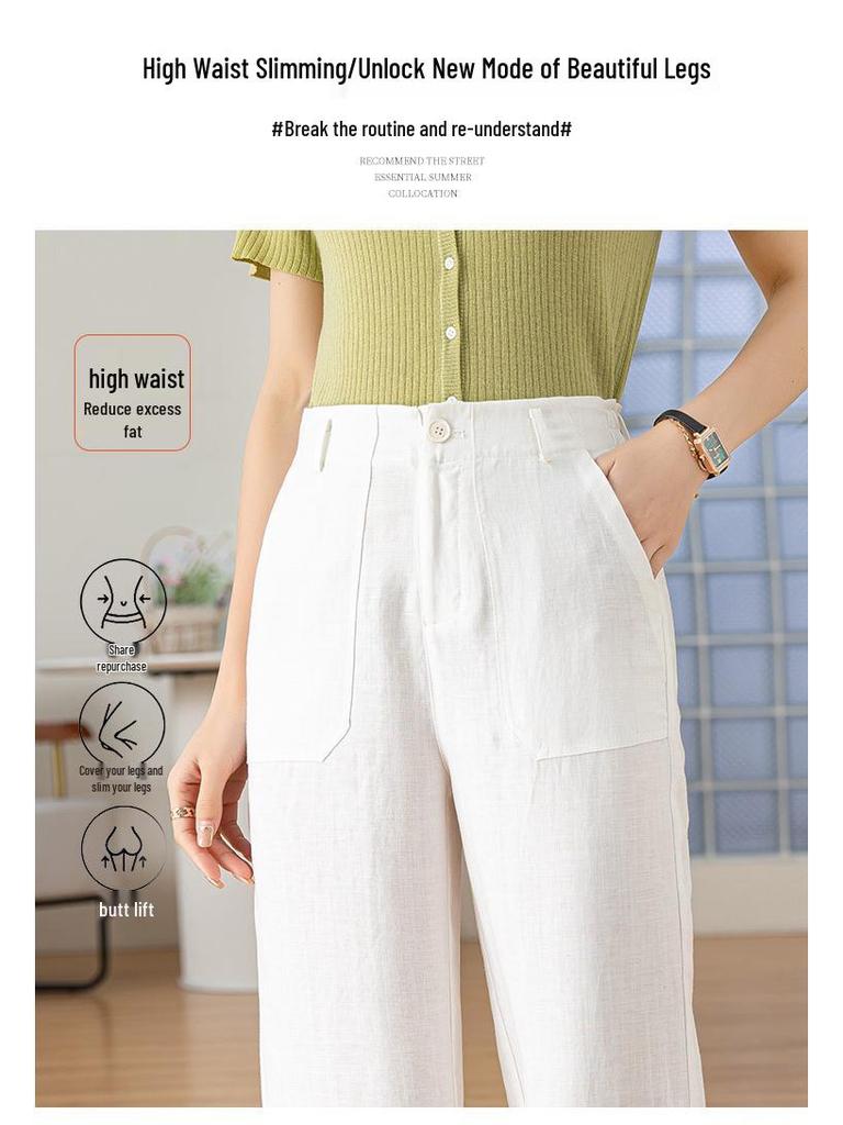 Tencel Leinen Weite Weiße Hose für Damen - Elastischer Bund, Gerade Neun-Punkt Lässig OL Professioneller Stil.