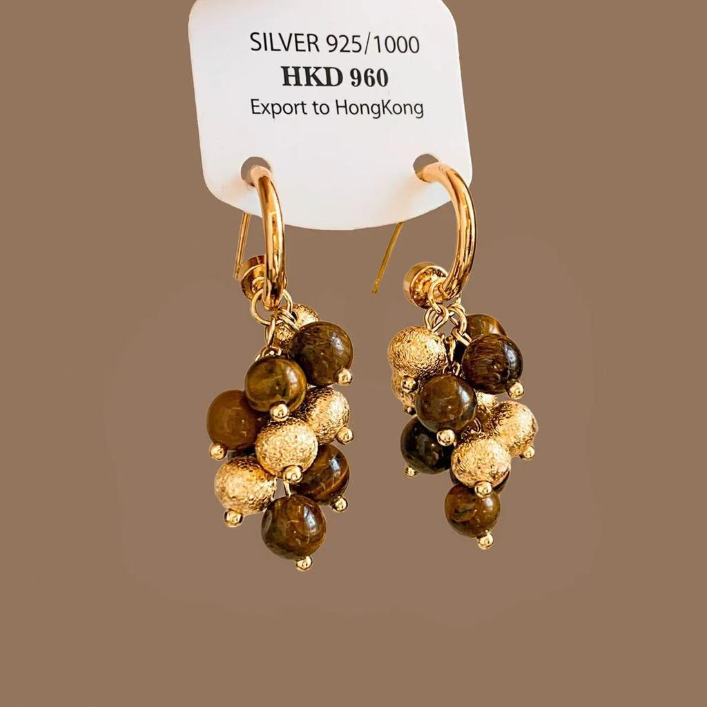 Silver needle tiger's eye stone geometric round pendant earrings retro Maillard style stud earrings personalized niche design earrings