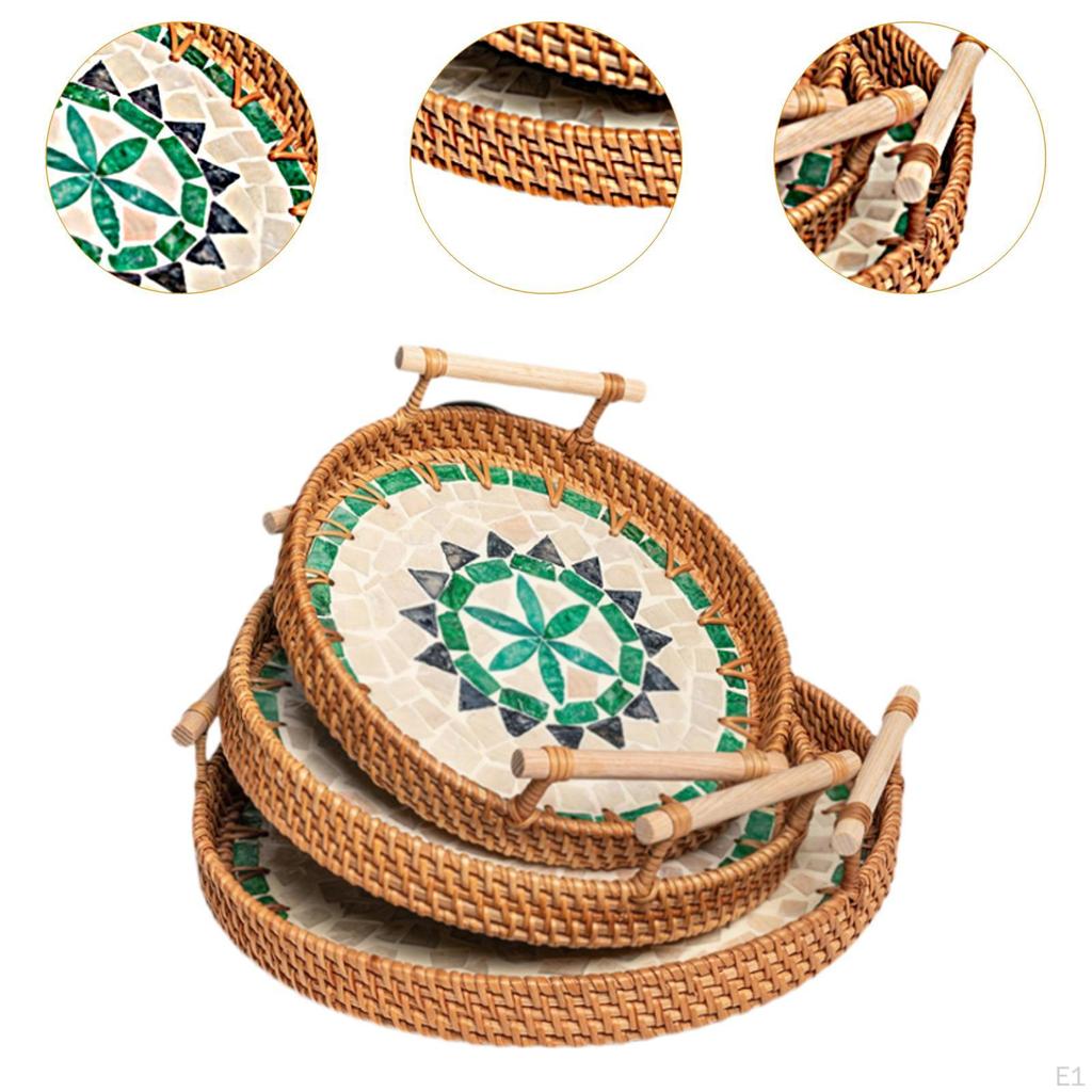 3 Stück Rattan Serviertablett, Dekorativer Weidengeflecht Runder Rustikaler Tee Brotkorb für Tee,