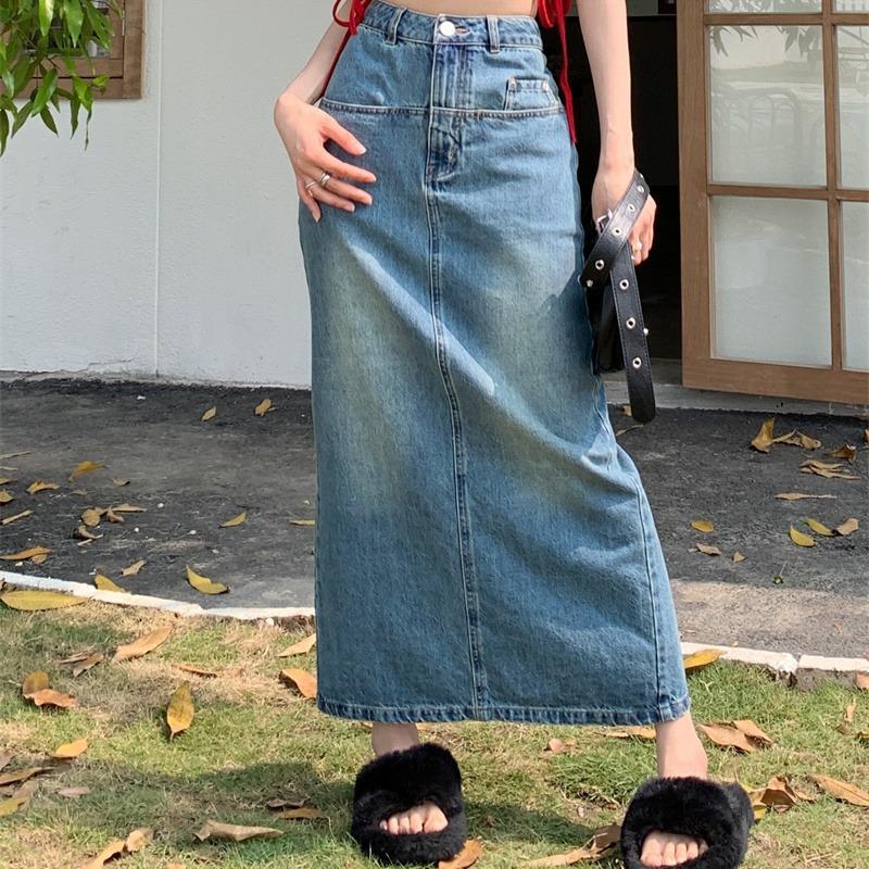 

Ретро джинсовая юбка для женщин Новая юбка миди с высокой талией и разрезом сзади, прилегающая, А-силуэта, для Нового года 4XL