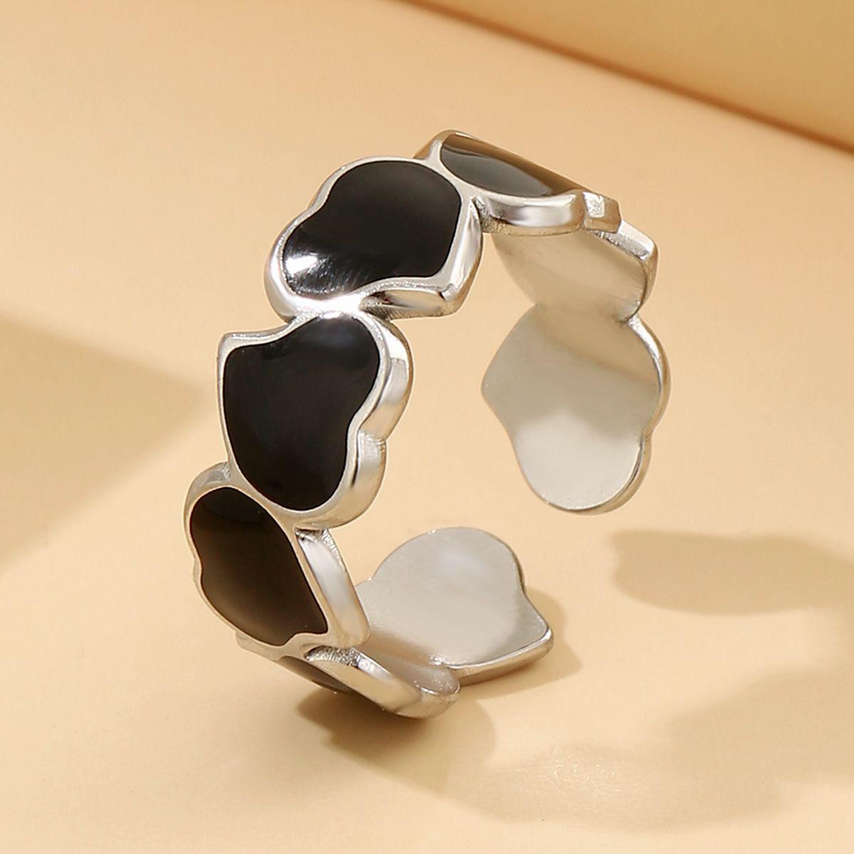 Elegant Heart Black  White Enamel Gold-Plated Stainless Steel Ring