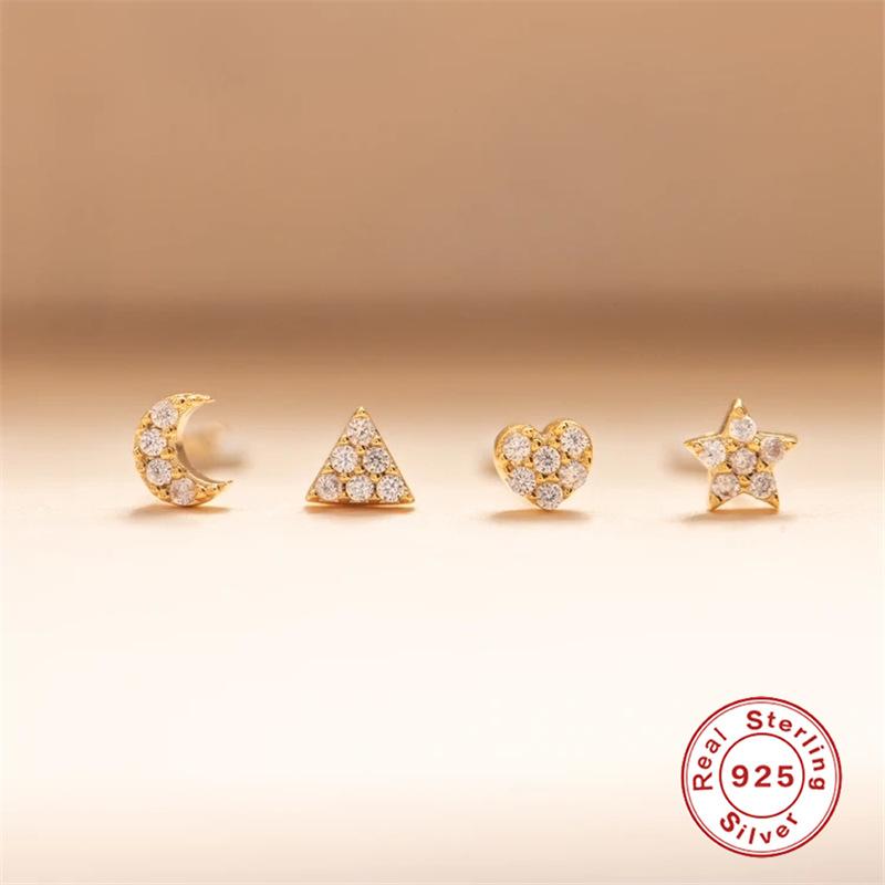 Gold 4-Piece Set 925 Sterling Silver Pentagram Crescent Heart Triangle Zircon Spiral Perforation Puncture Earbone Stud