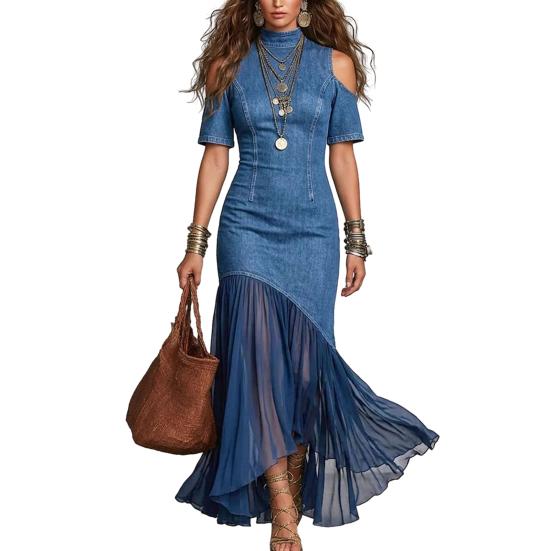 

Women Denim Dress, Mesh Patchwork Mock Neck Jeans Midi Dress, Short Sleeve Cutout A-Line Swing Dress S синій