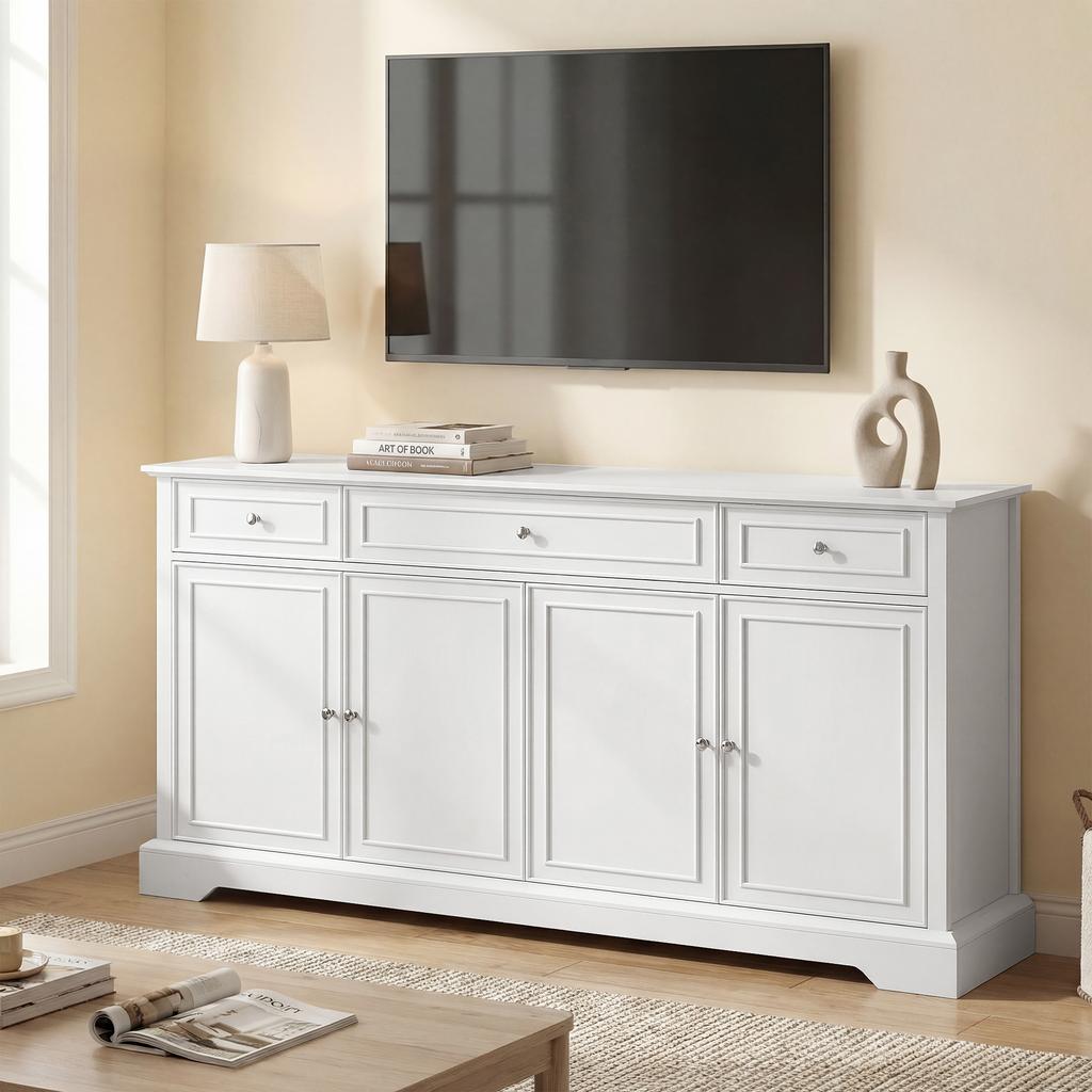 Living Room Sideboard, 3 Drawers, 4 Soft-Close Doors, Adjustable Shelves, White