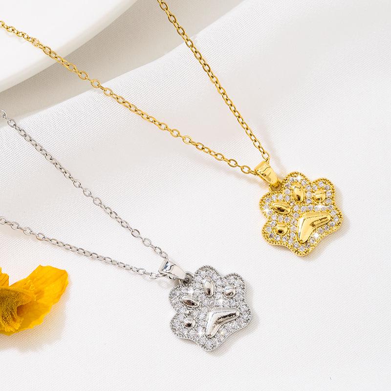 Fresh Sweet Cat Paw Pendant Necklace with Zircon Inlay, Stainless Steel Fashion Jewelry