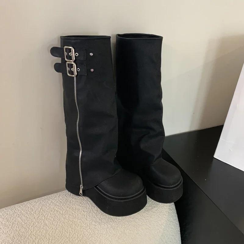 Fashion Autumn Winter Chunky Women Knight High Boots Fashion Platform Flats Trouser Long Booties Female Western Cowboy Shoes