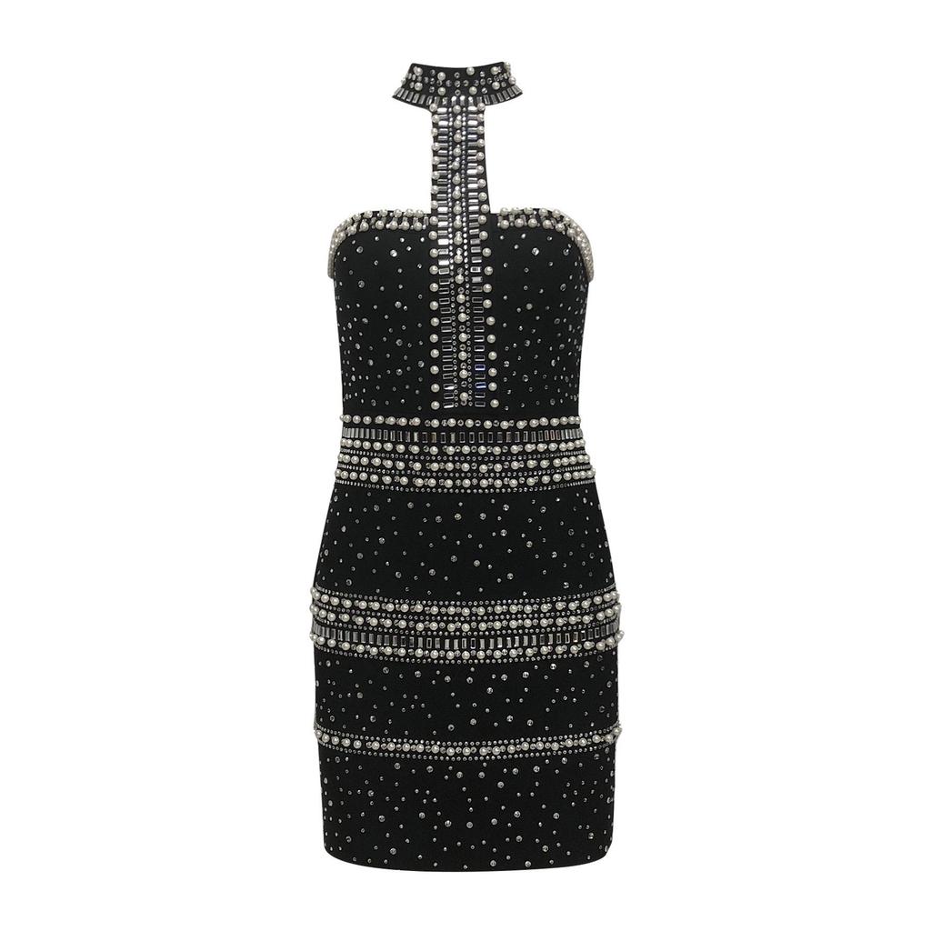 2025 Autumn/Winter European Fashion Pearl Rhinestone Halter Bandage Dress