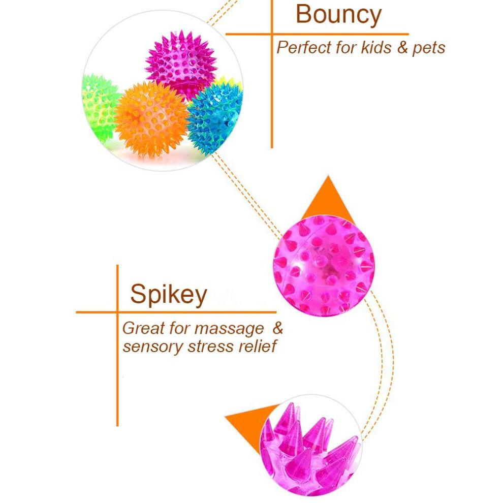 6 Spiky 6.5cm LED Flashing Bouncy Disco Balls with Light, Squishy Stress Relief Fidget Squeezy Spikey Ball Toy for OCD ADHD ADD & Autism High Anxiety