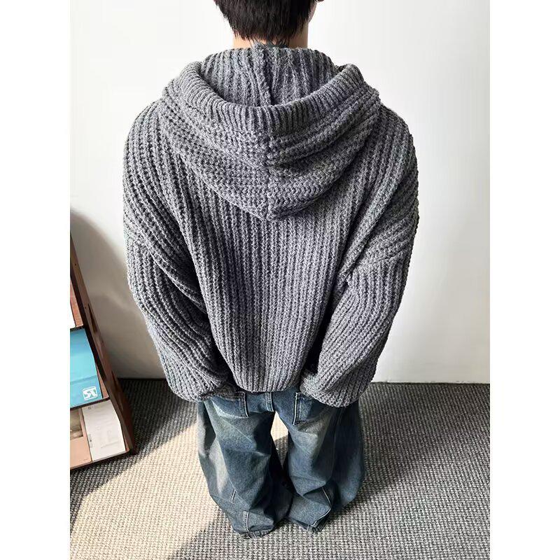 Men's Retro Chunky Knit Cardigan: Versatile Japanese Jacquard Sweater with Big Pockets.