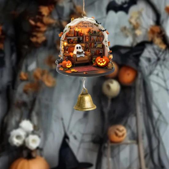 Ghost Reading Book Halloween Ornament 2D Flat Ghost In Reading Nook Hanging Decoration with Bell Window Hanging Wind Chime for Home Decor