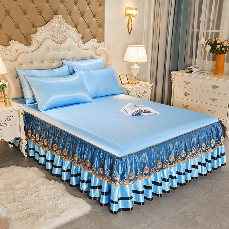 Blondertilpasset laken Luksus sengetøysett Romantisk ismatte sammenleggbare broderte laken Lin Sengetøy Queen Sengeteppe med skjørt