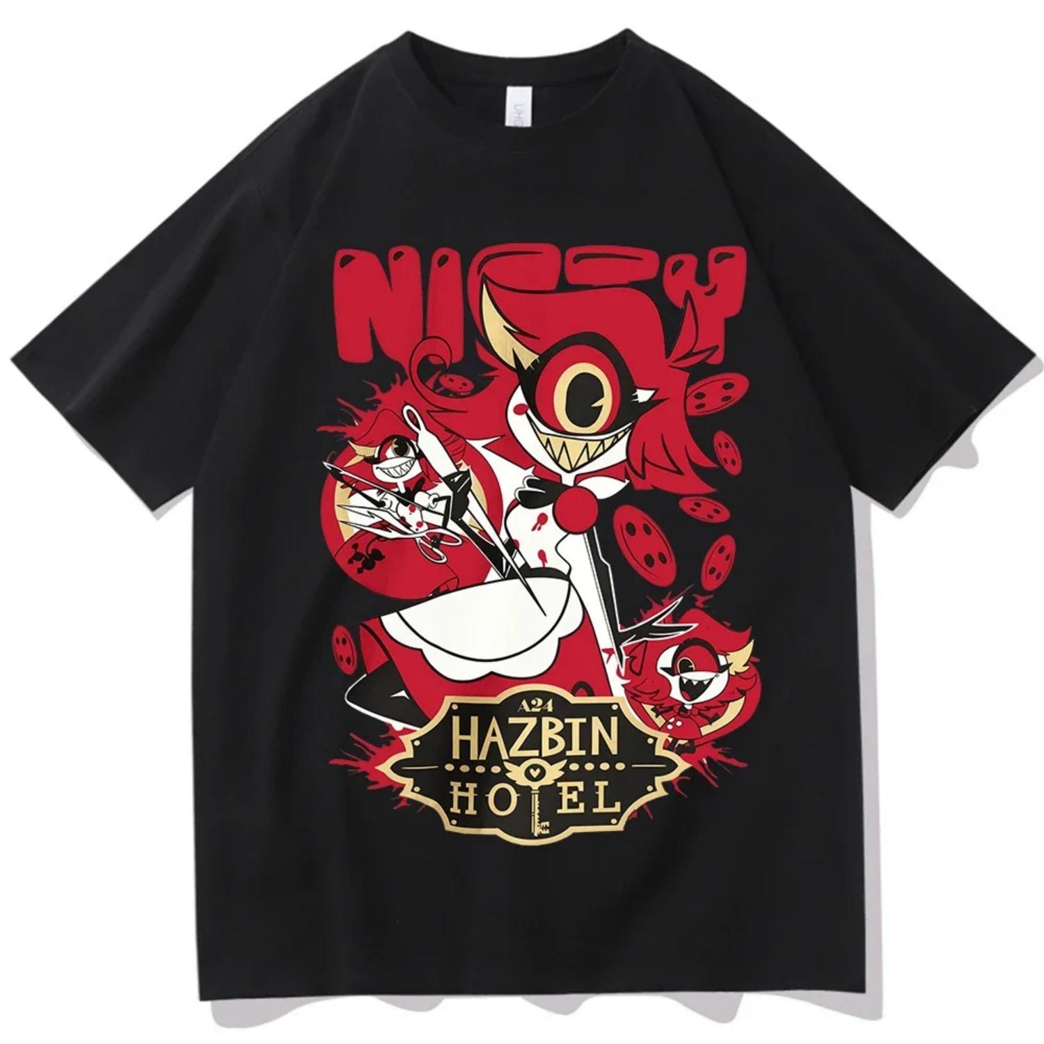 

2026 Fashion Y2k Men Women Soft T-Shirt Hazbin Hotel Niffty Design T-shirt Hip Pop Harajuku Short Sleeve O-neck Casual Unisex S чёрный