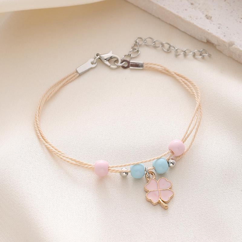 

Браслет ручной работы «Счастливый клевер» в корейском стиле: Свежий, универсальный дизайн с бисером для студентов и девочек CK0039 розовый