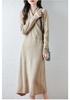 Women's V-Neck Knee-Length Pure Wool Dress - Loose Waist, Solid Color, Long Sleeve for Autumn/Winter