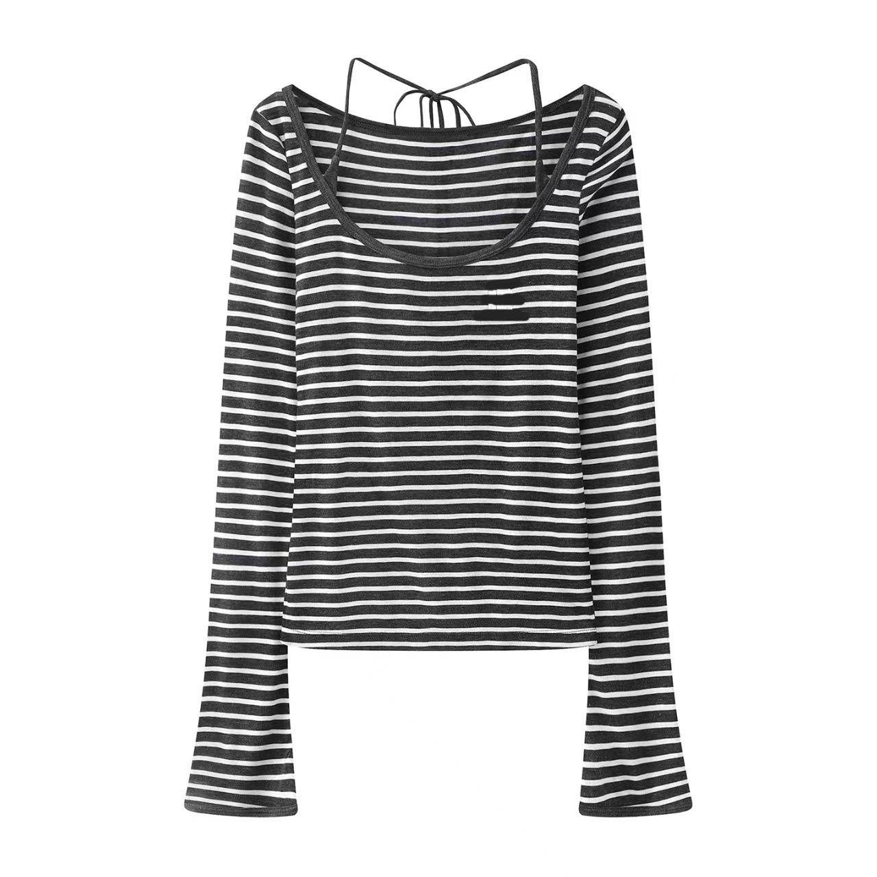 In Stock: 2026 Spring Designer Triangle Tie-Up Bell Sleeve Striped U-Neck T-Shirt Medium