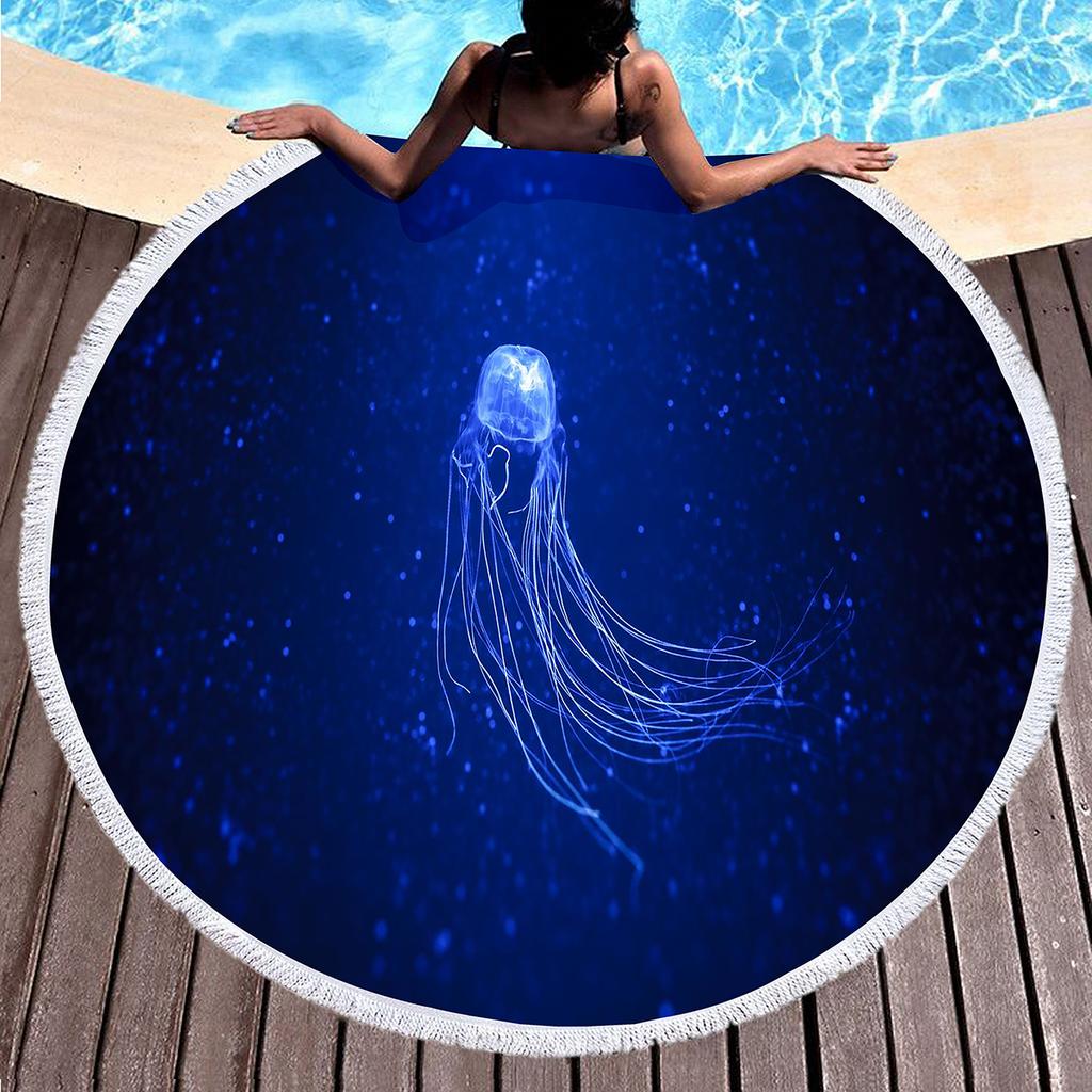 Jellyfish Round Beach Towel Microfiber Absorbent Quick Dry Sand Free Picnic Mat for Bathroom Pool Surf Travel Outdoor Meditation