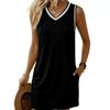 2026 European Retro V-Neck Sleeveless Contrast Piping T-Shirt Dress for Women