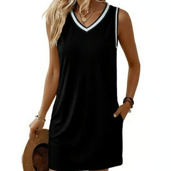 2026 European Retro V-Neck Sleeveless Contrast Piping T-Shirt Dress for Women