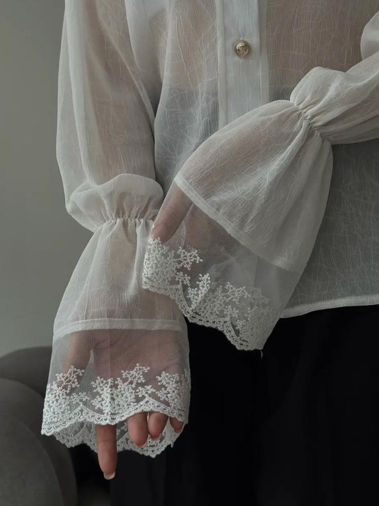 Women's Spring New Palace Style Fairy Collar Shifon Design Breathable Leaf Edge Top