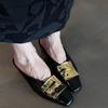 2025 new retro niche metal decorative square head baotou half slippers women's gold inner height-increasing slope heel cool slippers