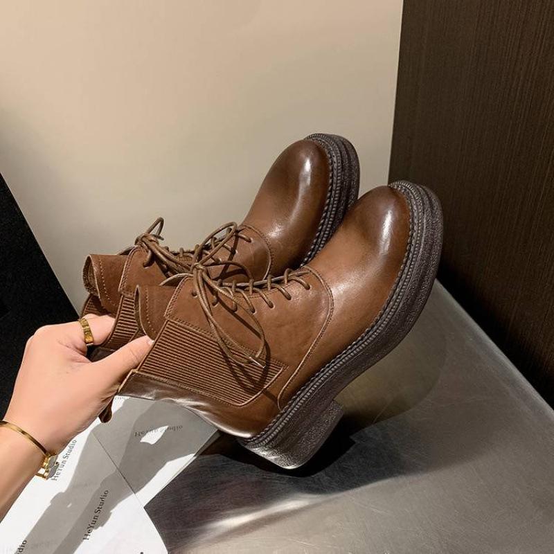 New women's leather boots medium heel large size women's boots lace-up medium heel leather Martin boots autumn and winter cowhide low boots women