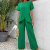 Women's Round Neck Short Sleeve Two Piece Set Asymmetric Hem Top and High Waist Wide Leg Pants