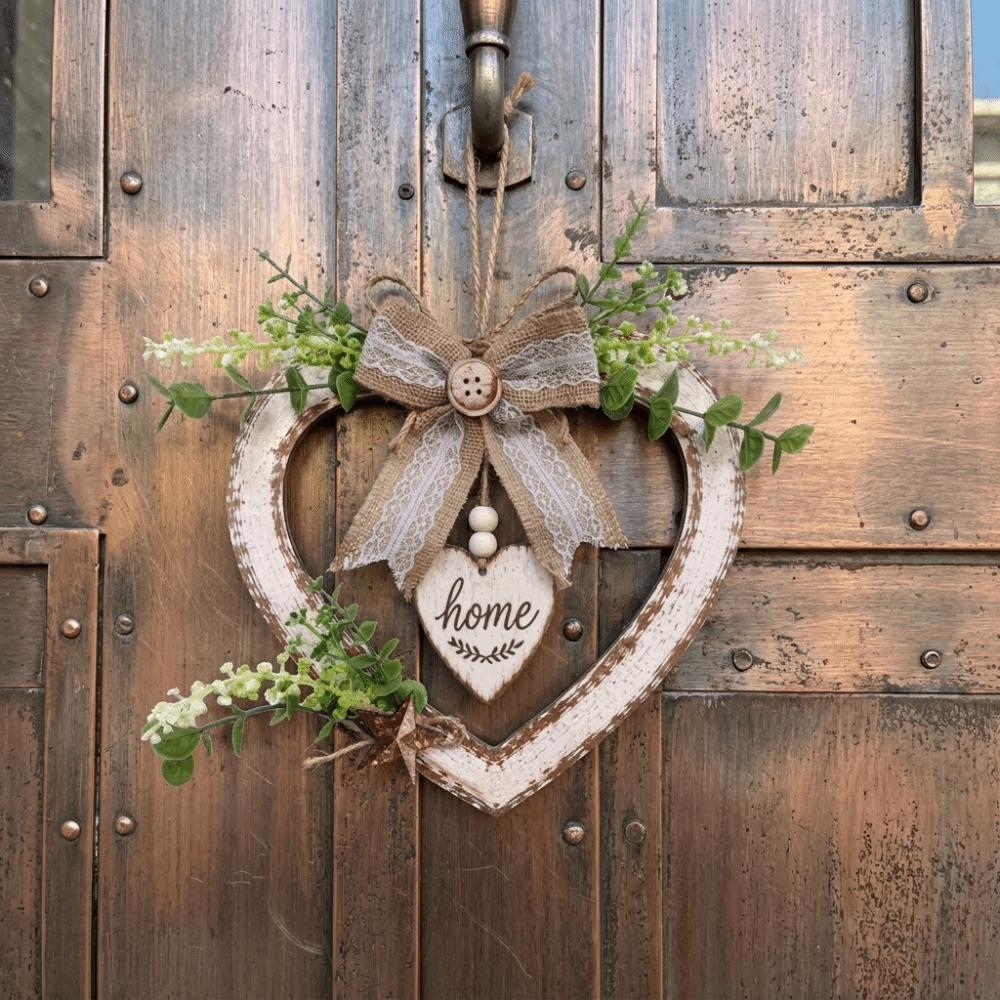 Vintage Heart Shaped Wall Decor Rustic Romantic Rustic Heart Ornament Bow Knot Artificial Plant Heart Wall Decor Bedroom Door