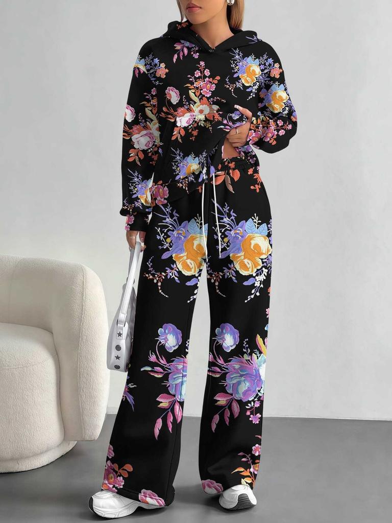 Retro Pattern Splicing European and American Autumn and Winter 1116 Casual Long-sleeved Suit Women's Hooded Sweater Trousers Cover