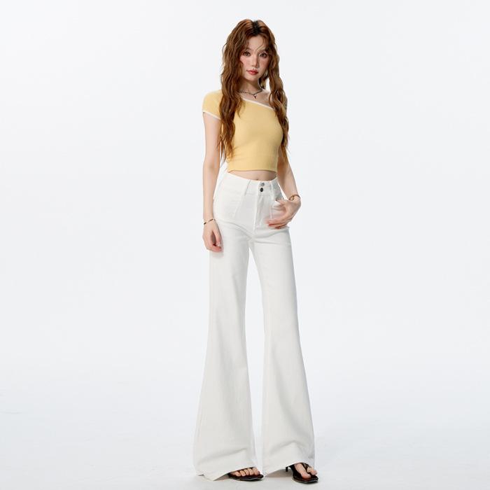 

Women s High-Waisted Micro-Flare Jeans: Slimming Wide-Leg, Non-Stick Elastic, Floor-Length with Side Split for Petite. XL