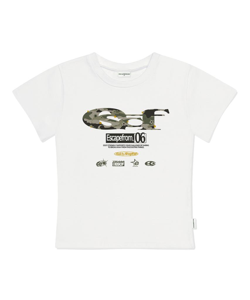 ESCAPEFROM Star Camo Escf Logo Collage Print Slim Fit Short Sleeve T-Shirt Ivory