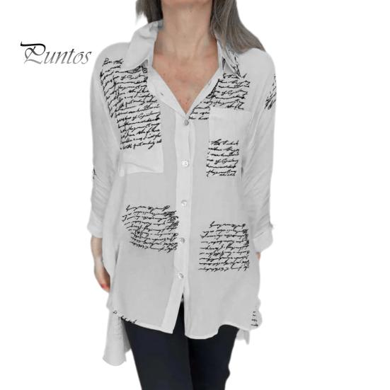 

Женская весенне-летняя рубашка с длинными рукавами и лацканами, топы с карманами и буквенным принтом, однобортная тонкая блузка, нерегулярные топы средней длины 5XL белый
