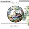 2D Flat Stained Glass Cat Window Decoration, 7.87inches Cat On The Windowsill Flowers Design Colored Glass Plate with Chain, Charming Spring Summer