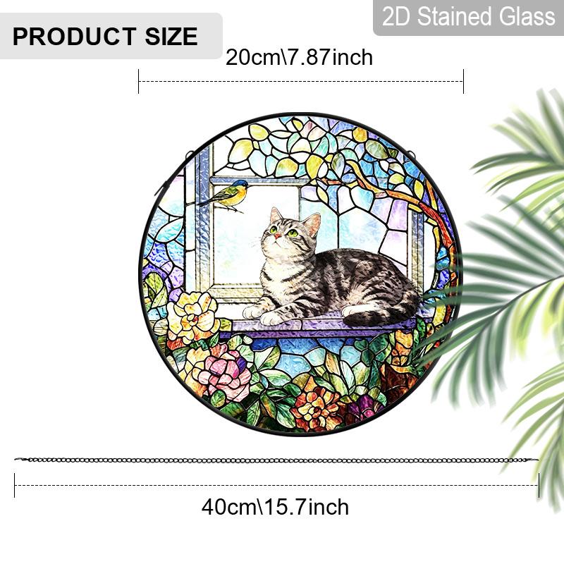 2D Flat Stained Glass Cat Window Decoration, 7.87inches Cat On The Windowsill Flowers Design Colored Glass Plate with Chain, Charming Spring Summer