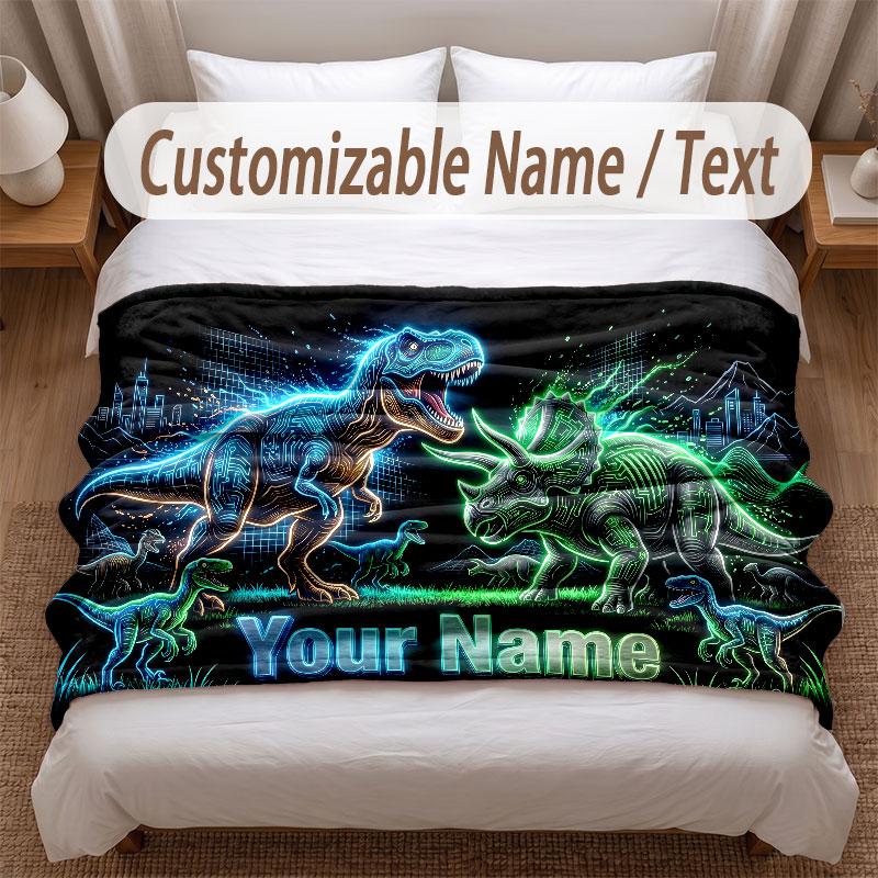 Dinosaur Theme Soft Blanket Personalized Custom Name Text Print Warm Blanket Home Sofa Bedroom Decor