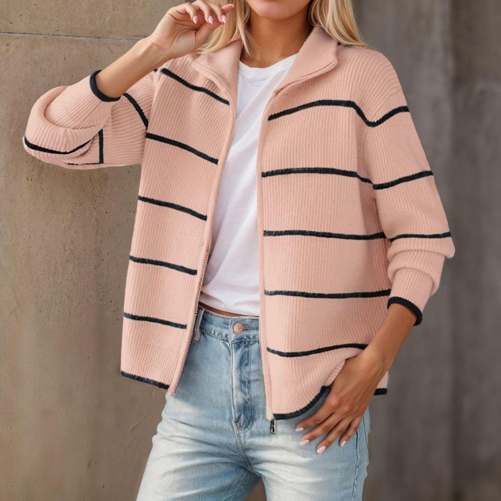 Women's 2025 Fall/Winter Color Block Striped Knitted Zip-up Cardigan with Turn-down Collar