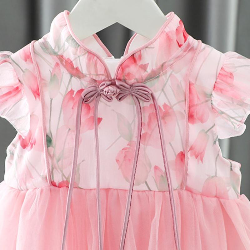 Summer  Baby Girl Dress Chinese Style Young Children's Clothing Short Sleeve Mesh Infant Kids Costume
