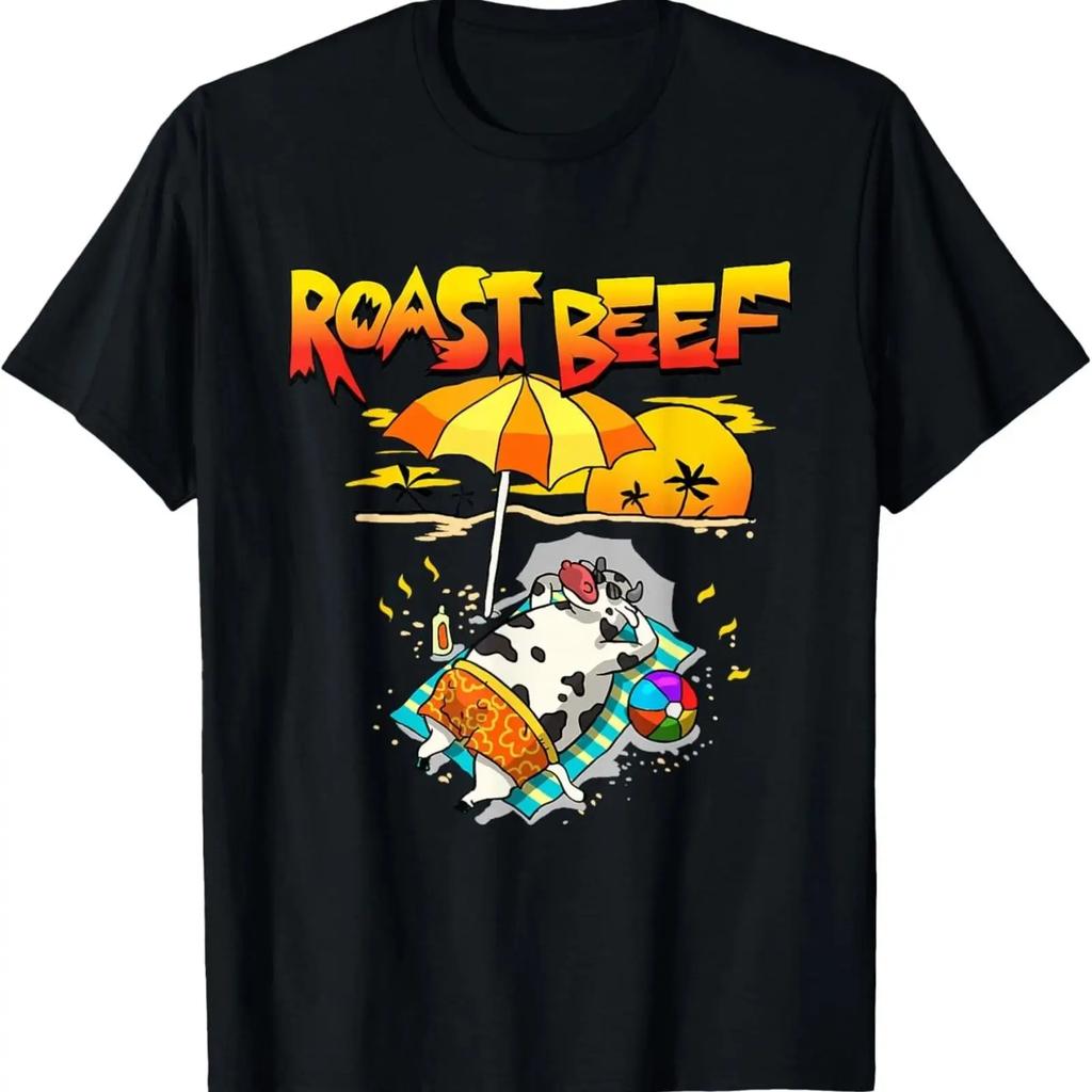 Roast Beef T Shirt Cow On Beach Vacation Sun Tan Summer Lover Vintage Streetwear Versatile Comfortable Graphic Stretched