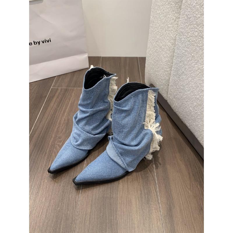 Fashion Cowboy Boot Western Baby Blue High-heeled Pointy Thick Heel Boots Sleeve Short Boots Women Spring and Autumn