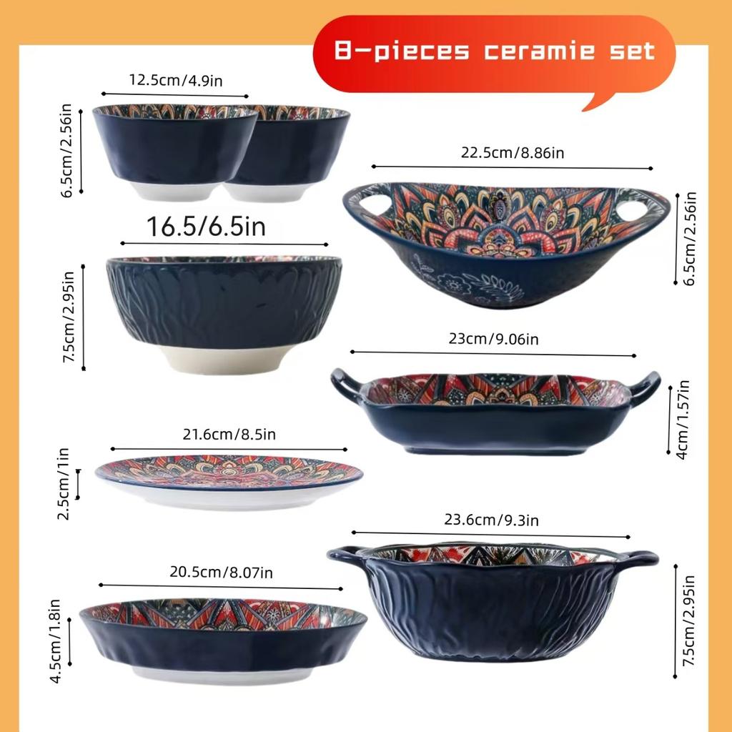 Bohemian ceramic dishes and cutlery 8-piece set household good-looking rice bowl double-ear soup basin exquisite noodle bowl