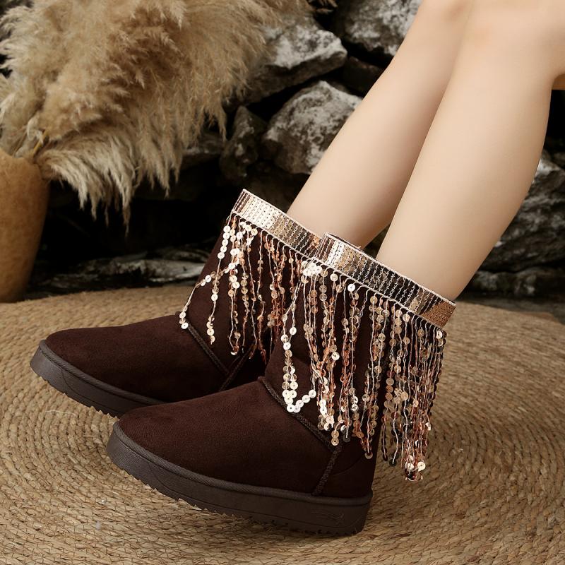 Fashion Gold Fringe Non Slip Snow Boots Women  Winter Comfort Round Toe Thick Bottom Mid Calf Boots Warm Short Plush Booties