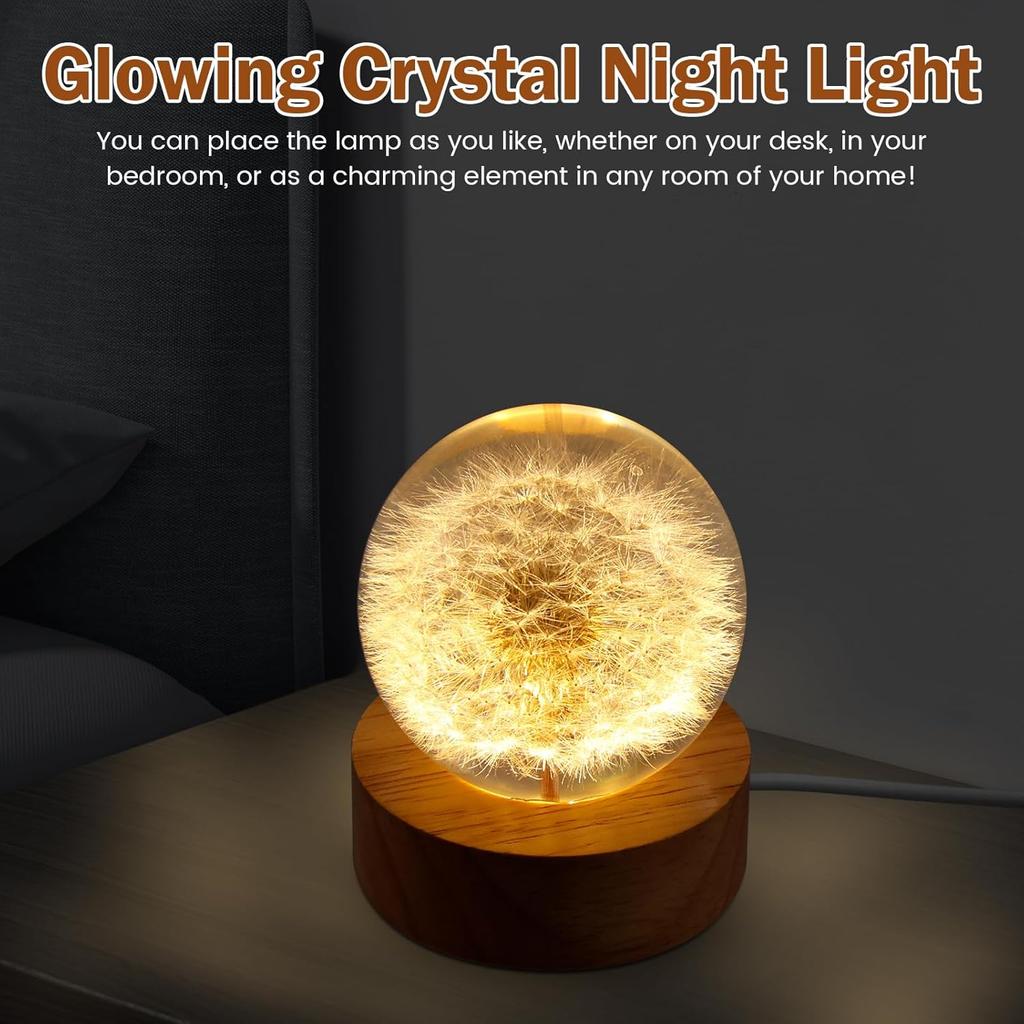 Crystal Dandelion Ball Night Light with Wooden Base USB Powered Dandelion Crystal Ball Night Lamp Fancy 3D LED Night Light Portable Night Lamp