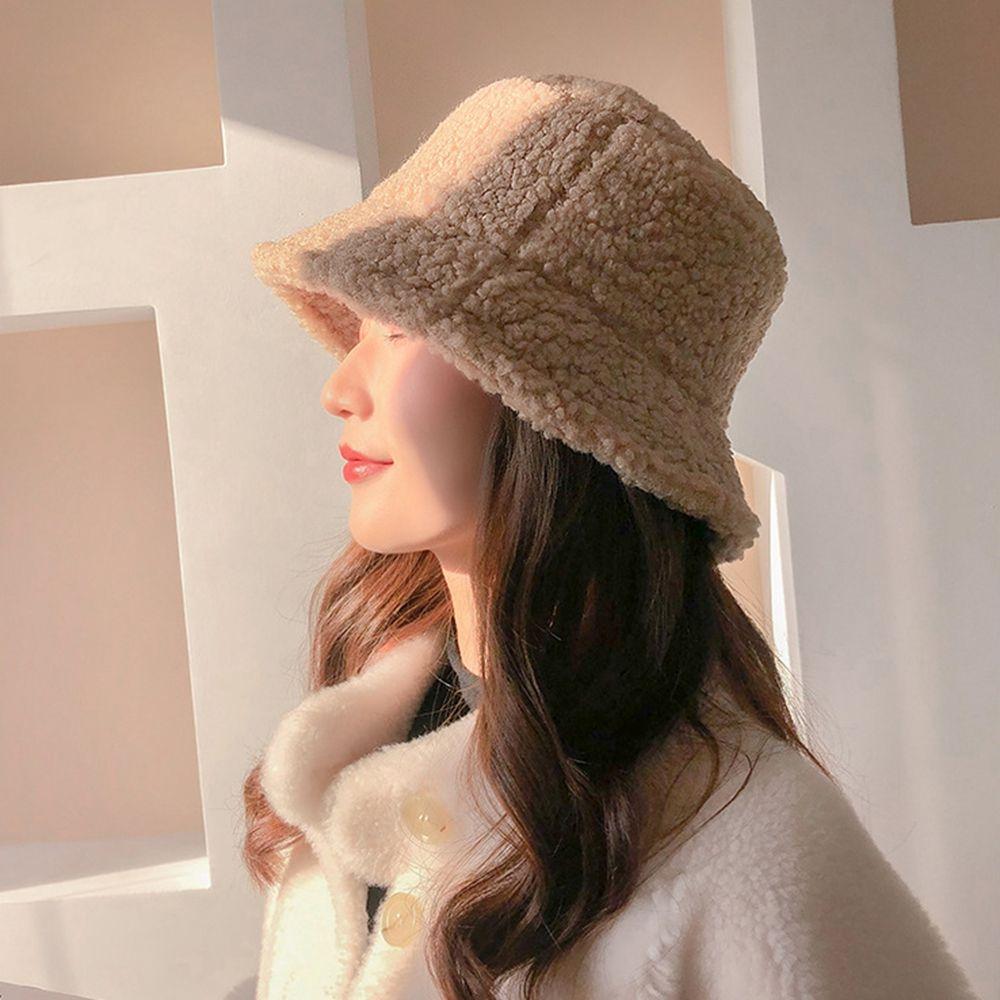 Girl Lamb Plush Autumn and Winter Korean Style Caps Pure Color Caps Lambwool Bucket Hat Female Hats