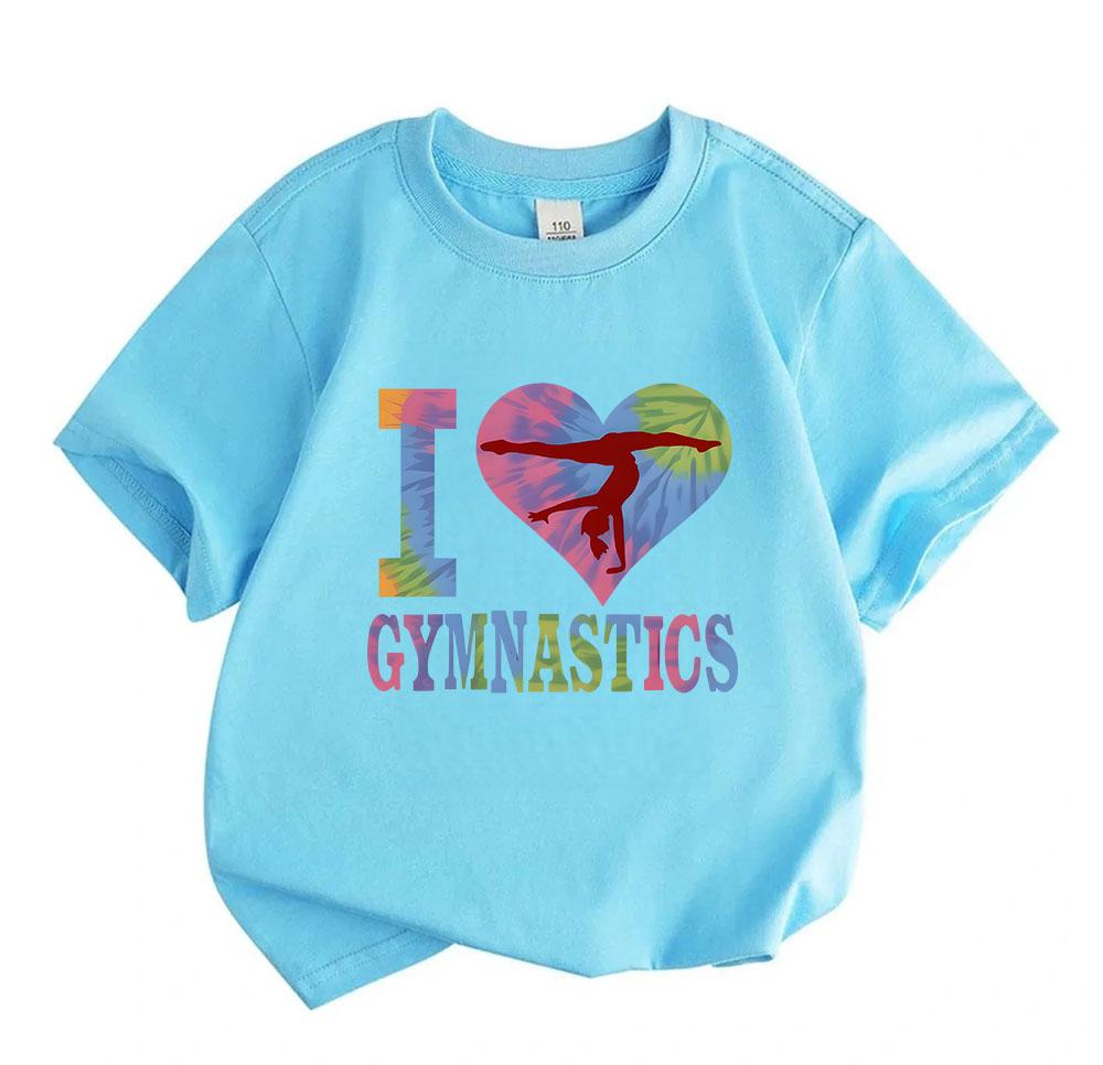 Kids Boys Girls 100% Cotton Crew Neck Short Sleeve T-Shirt, I Love Gymnastics Tie Dye Print Casual Sports Tee for Gymnastics Lovers, Soft Breathable D