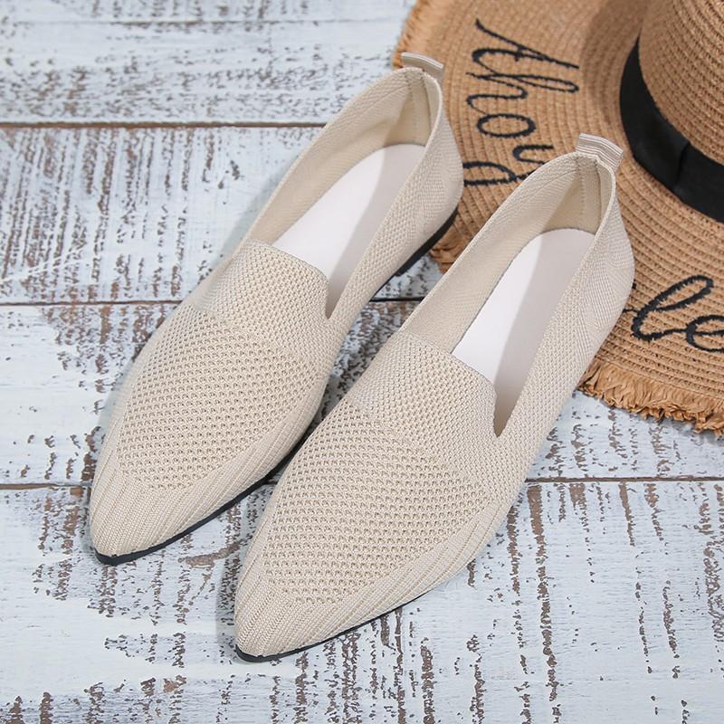 Elegant Office Women Loafers Ladies Hollow Knitting Breathable Solid Color Pointed Toe Mesh Shallow Mouth Flat Casual Shoes