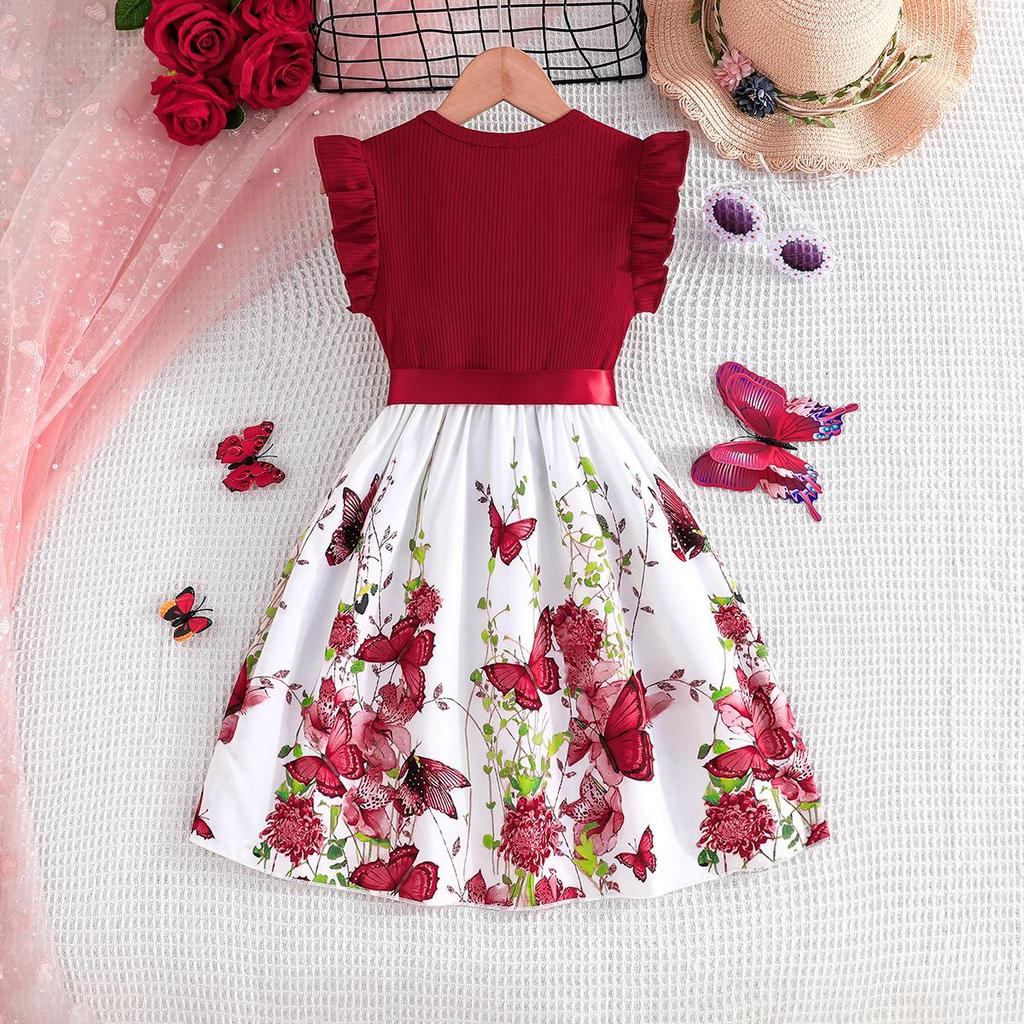 Girls' Butterfly Print Color Block Sleeveless Ruffle Dress with Belt