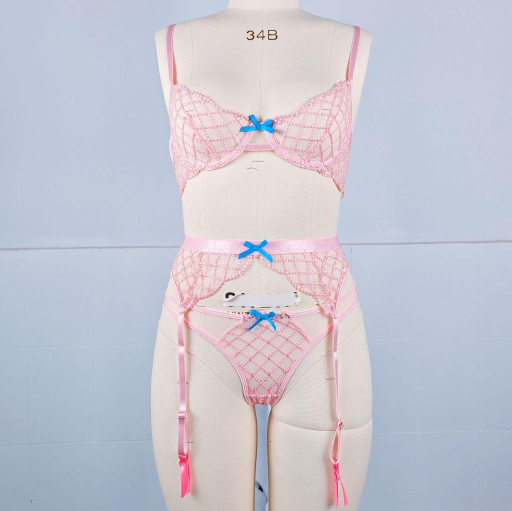 Lake Blue Embroidered Sling Bra Set: Trendy European and American 3-Piece with Steel Support