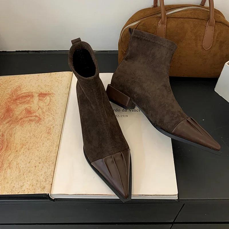 

2025 Весна Осень Женские Ботильоны Мода Острый Носок Короткие Ботильоны Дизайнерские Туфли на Низком Каблуке Botas Mujer 35 кофейный