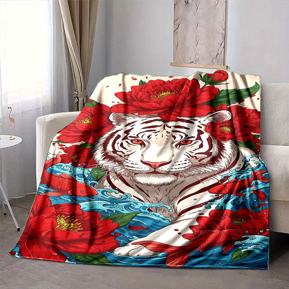 1pc Tiger Red Flowers Soft & Warm Polyester Knit Blanket, Digital Printed, All-Season Throw for Napping, Traveling, Sofa Yy250906001